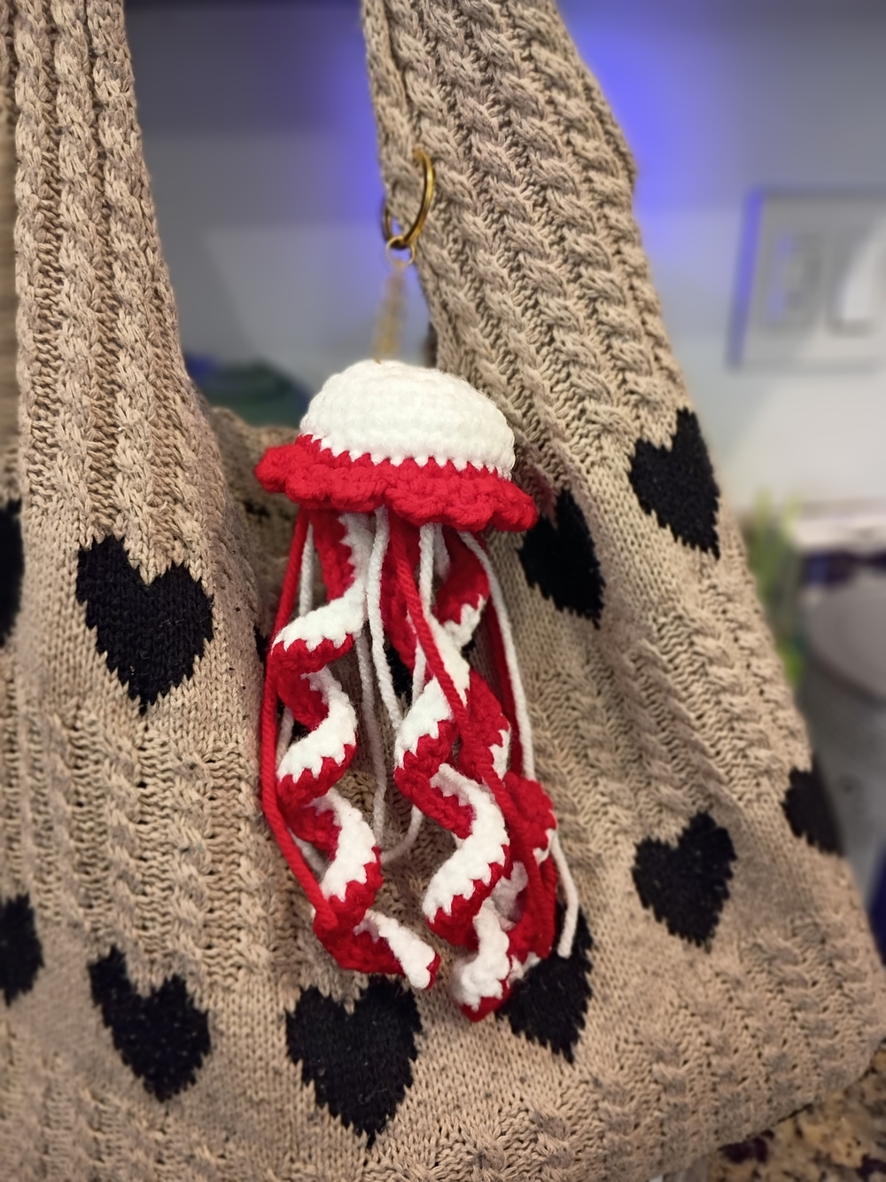 1pc Red & White Crochet Jellyfish Keychain Charm